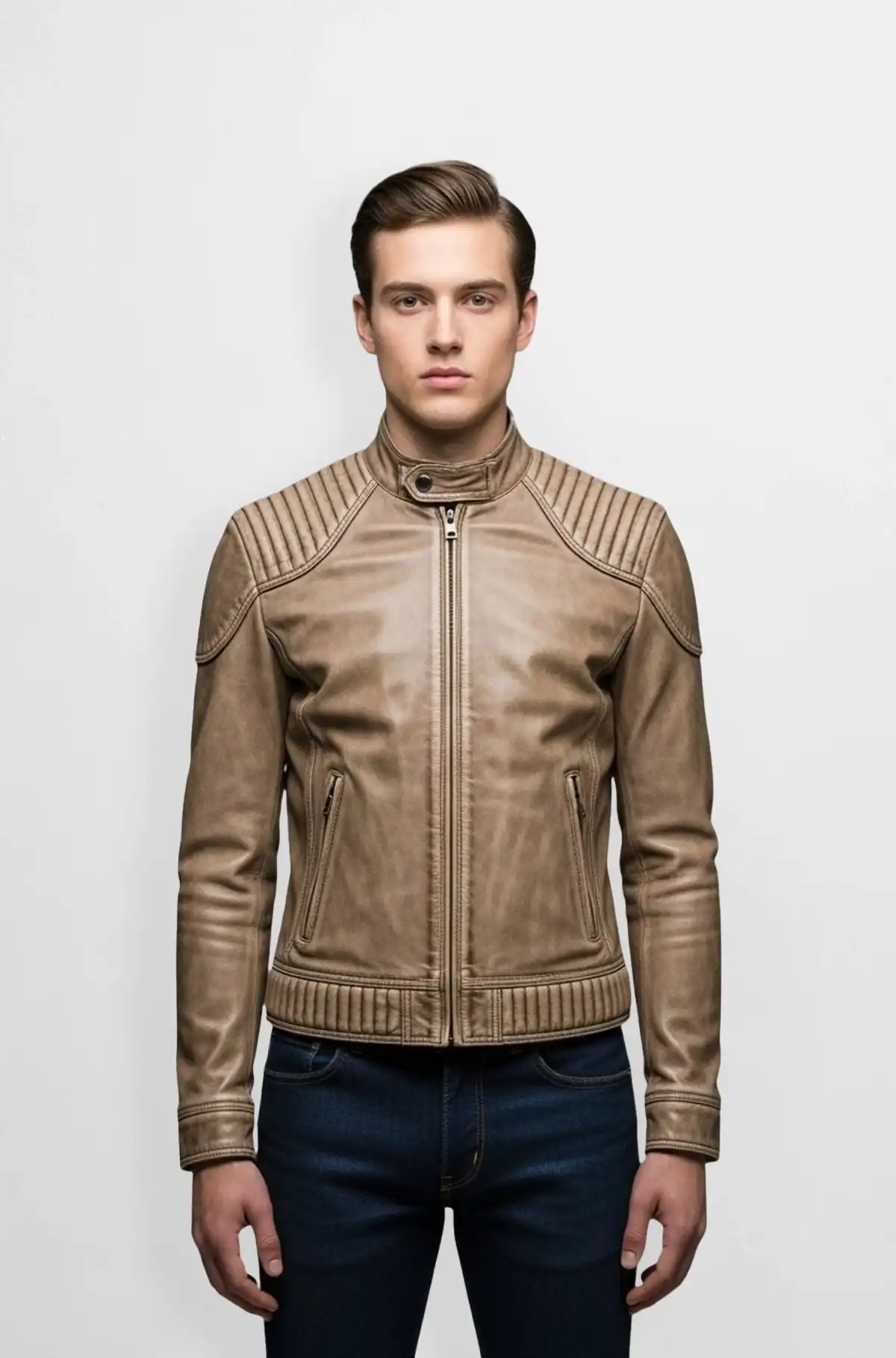 Heritage Tan Quilted Biker Leather Jacket