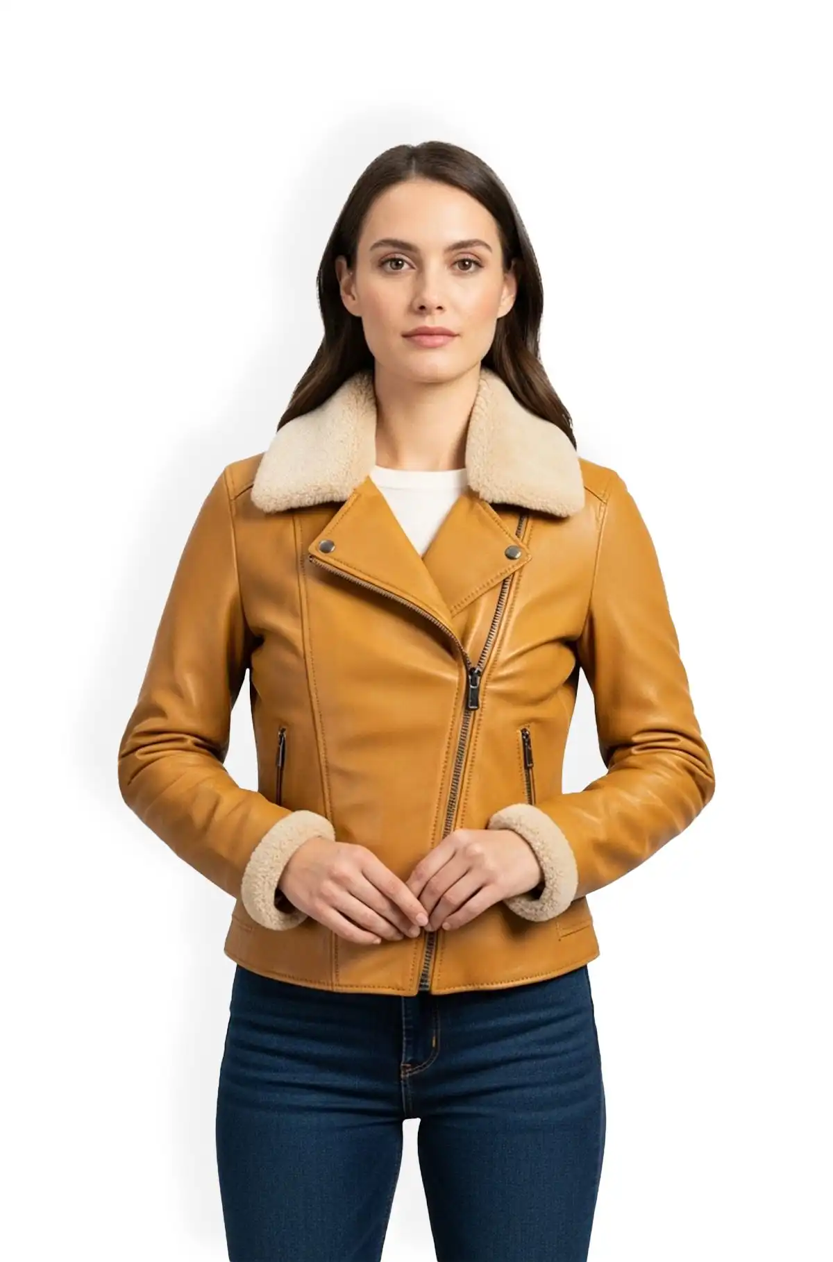 Honey Tan Shearling Biker Jacket for Women
