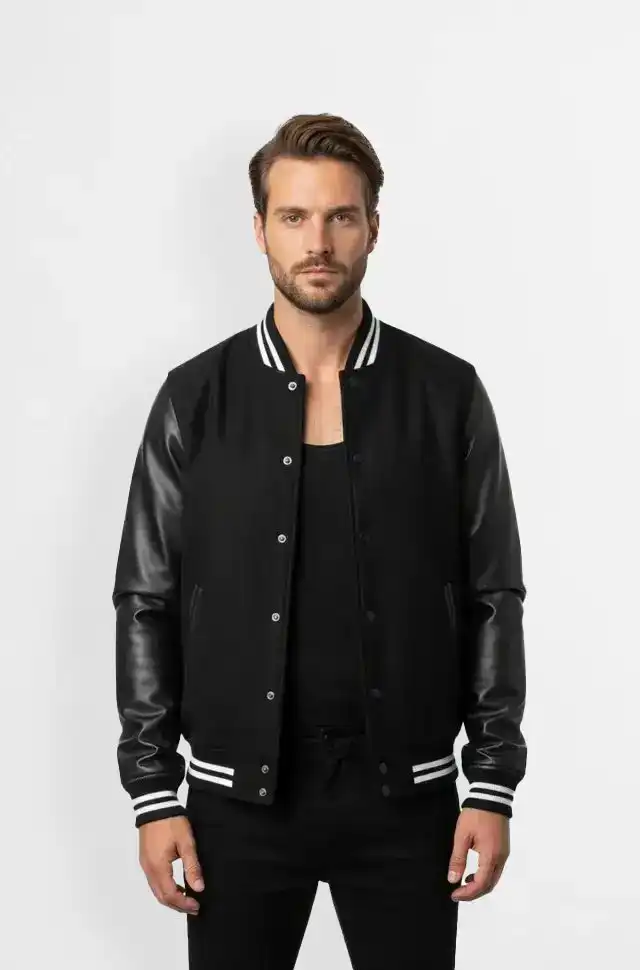 Ink Black Leather Varsity Jacket