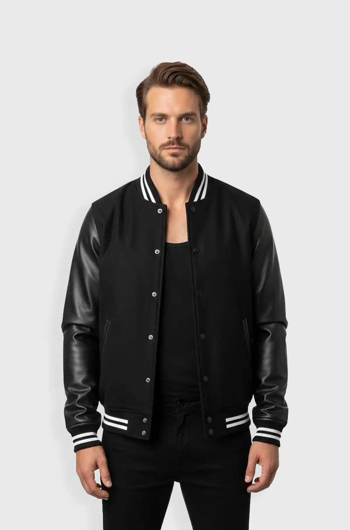 Ink Black Leather Varsity Jacket