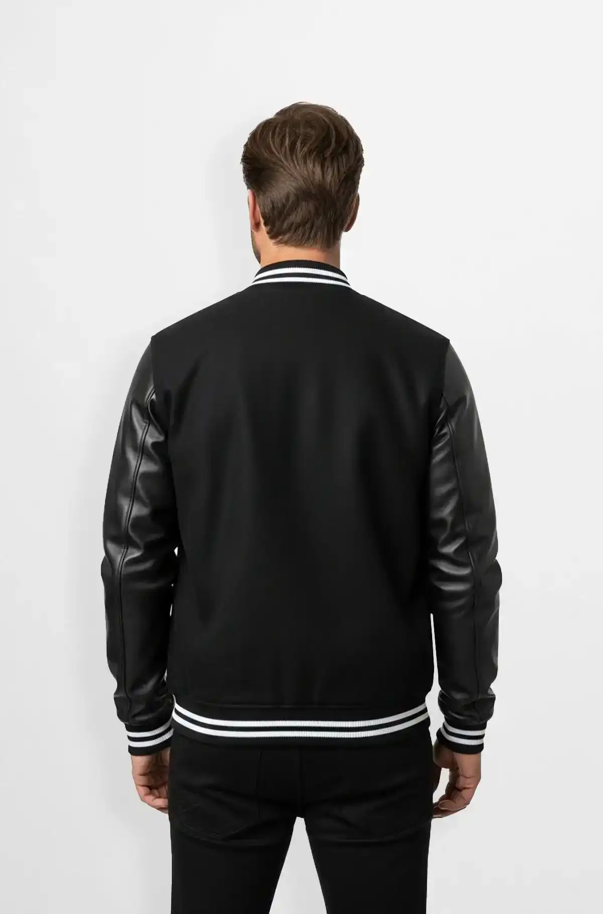 Ink Black Leather Varsity Jacket