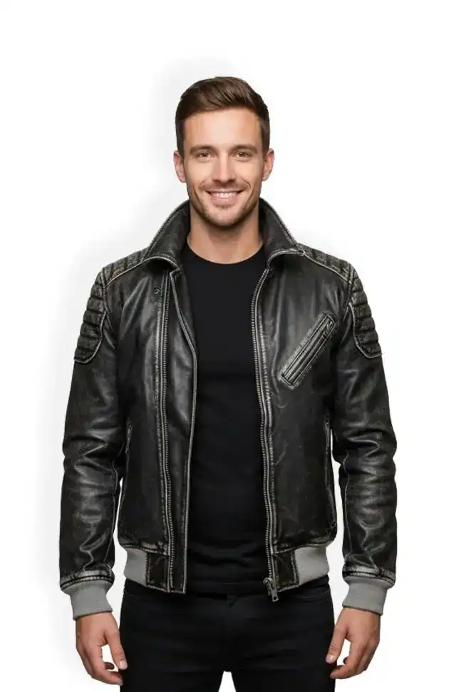 IronEdge Vintage Black Bomber Leather Jacket
