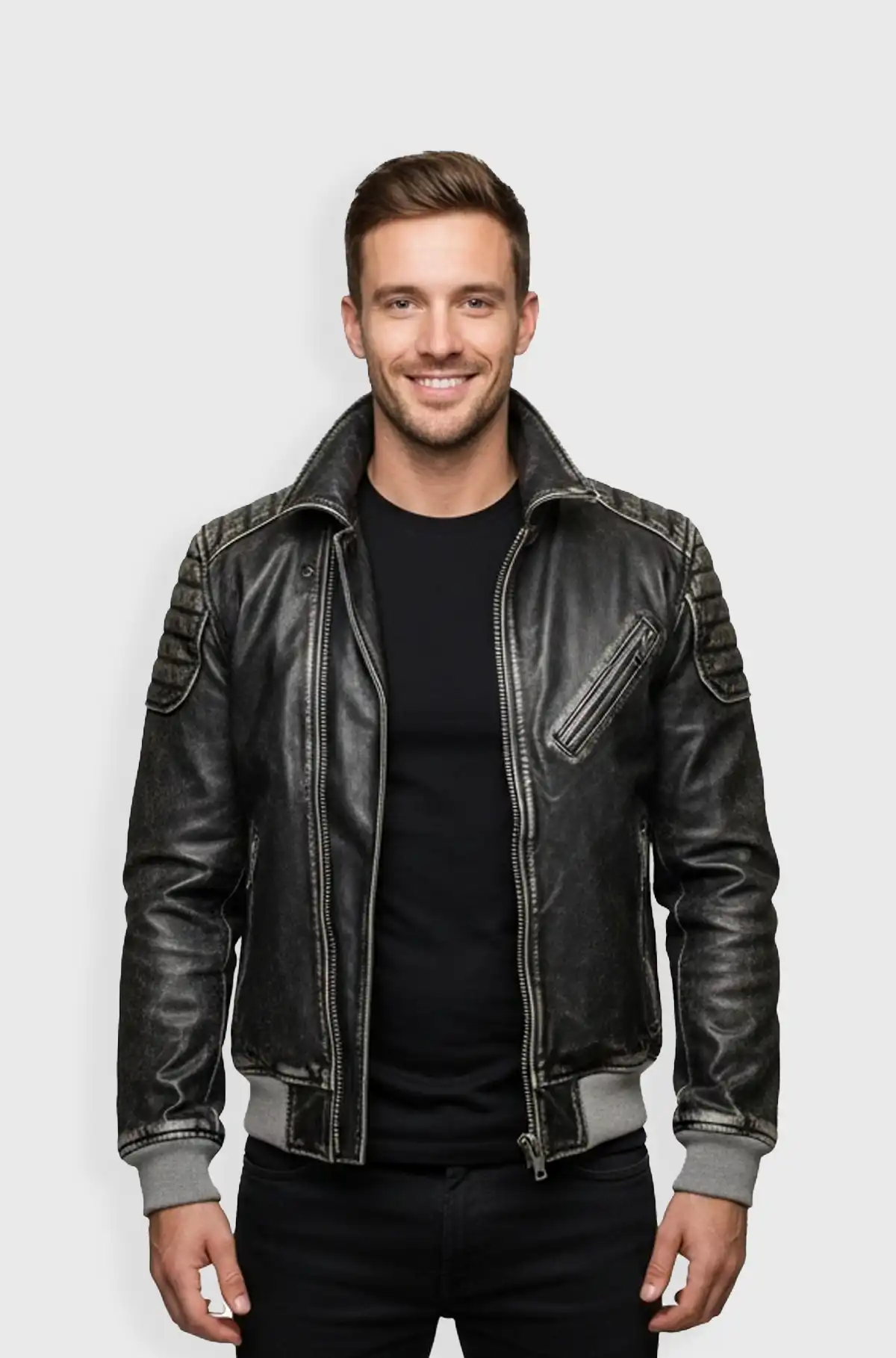 IronEdge Vintage Black Bomber Leather Jacket