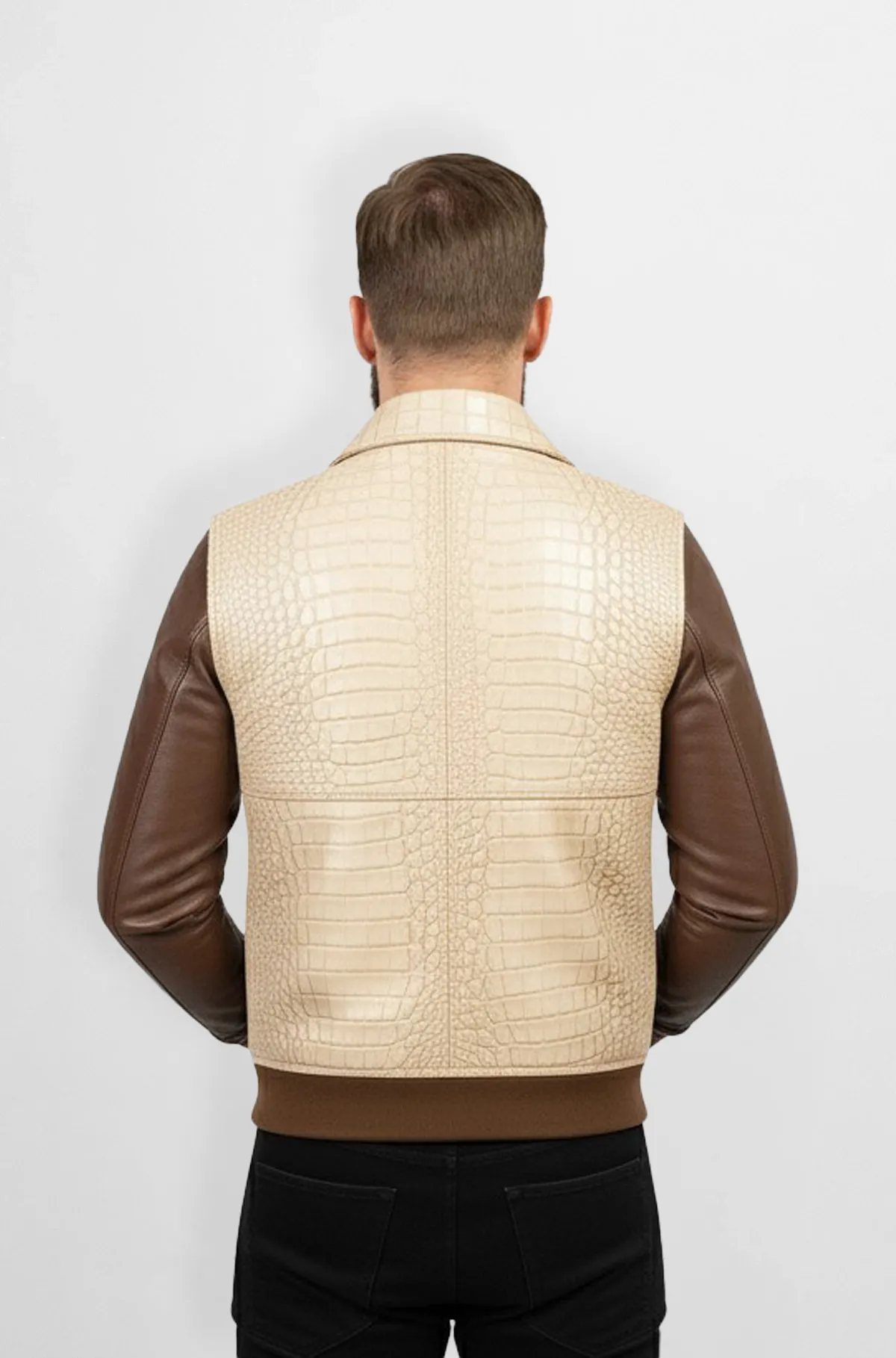 Ivory Crocodile with Chestnut Brown sleeves Leather Jacket