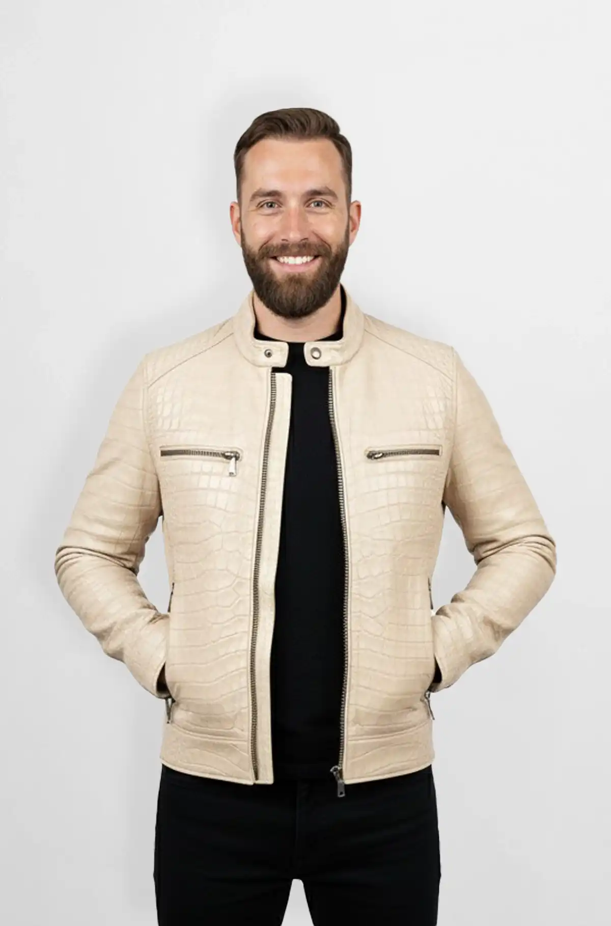 Ivory Embossed Moto Jacket