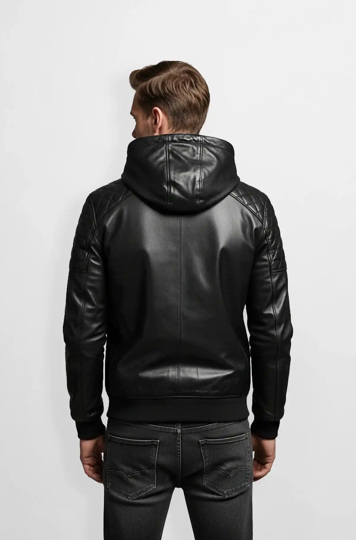 Jet Black Bomber  Leather Jacket with Hoodie