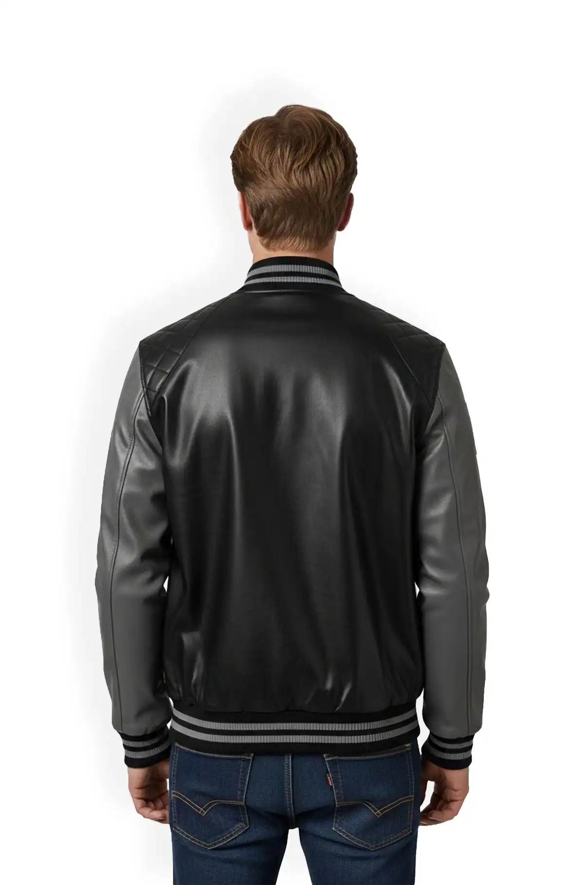 Jet Black Grey Varsity Leather Jacket