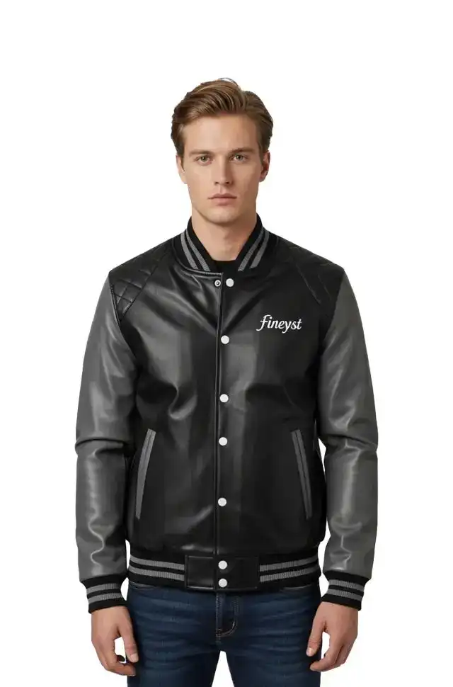 Jet Black Grey Varsity Leather Jacket