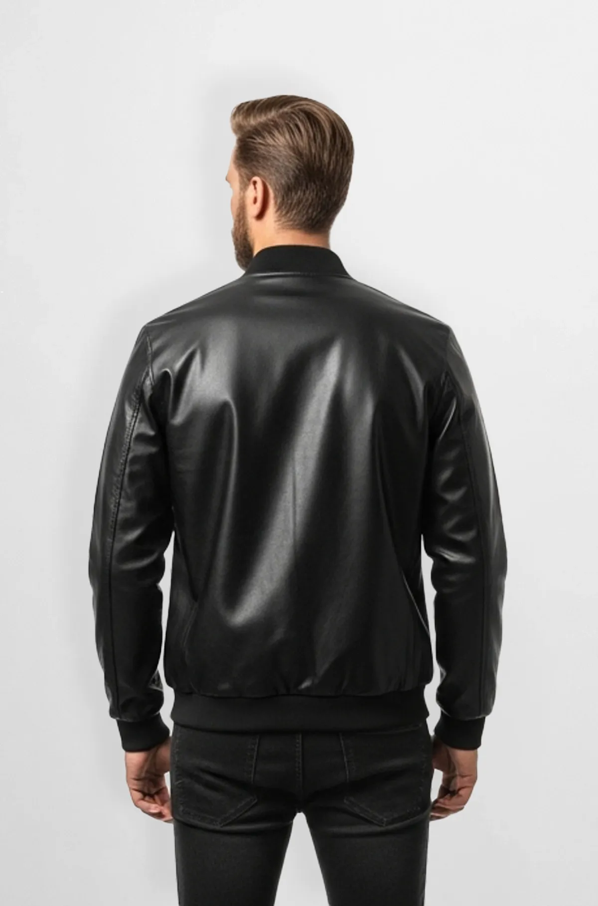 Jet Black Leather Bomber Jacket