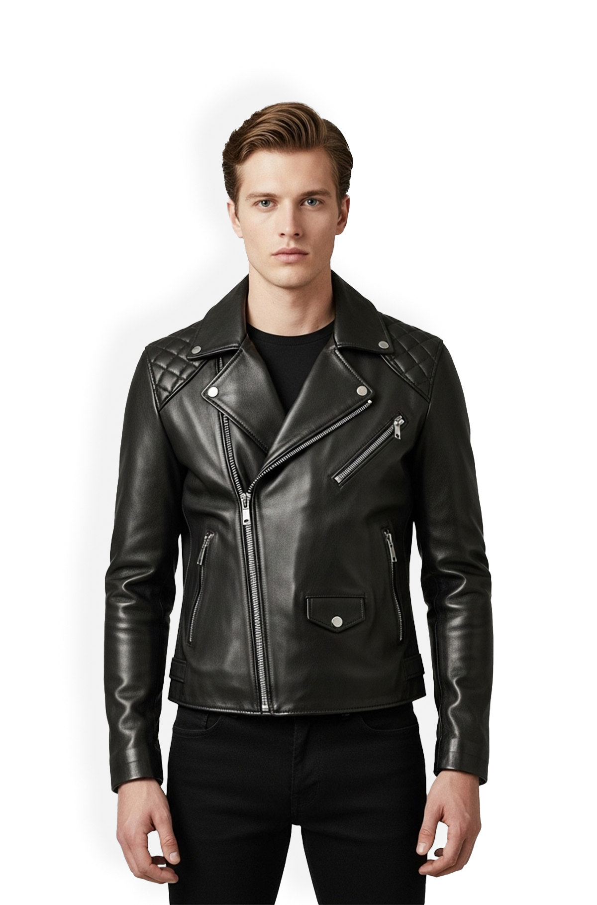 Jet Black Quilted Biker Leather Jacket