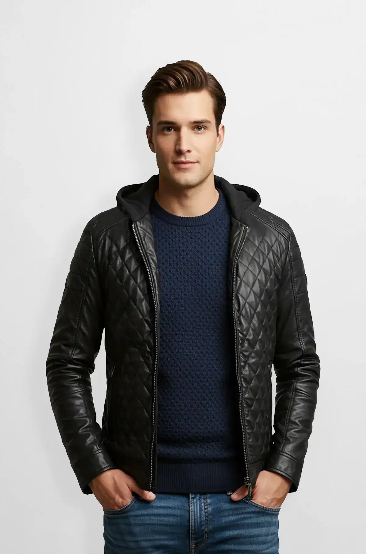 Jet Black Quilted Leather Hoodie Jacket