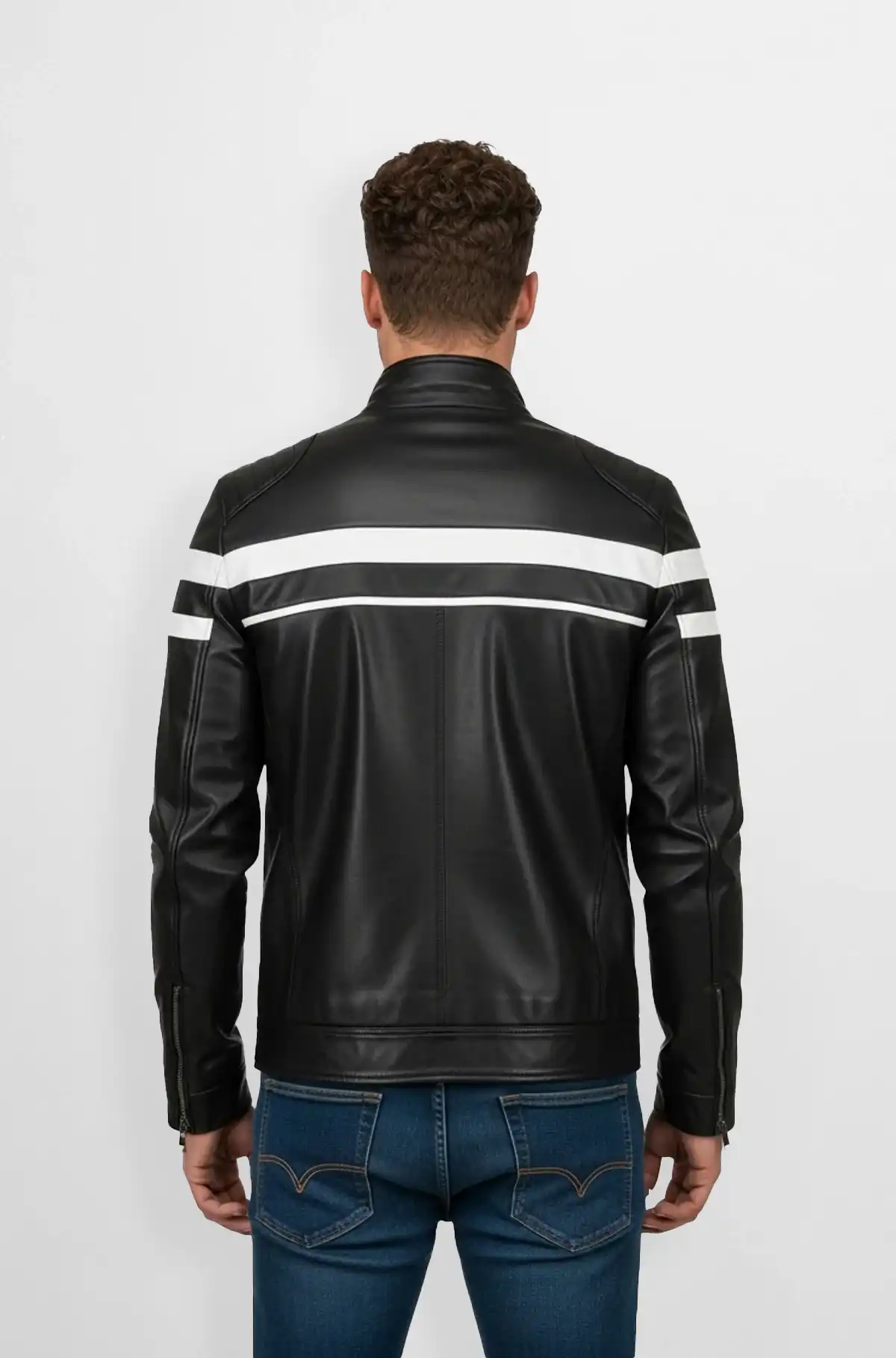 Jet Black White Stripes Leather Biker Jacket Jet Black White Stripes Leather Biker Jacket