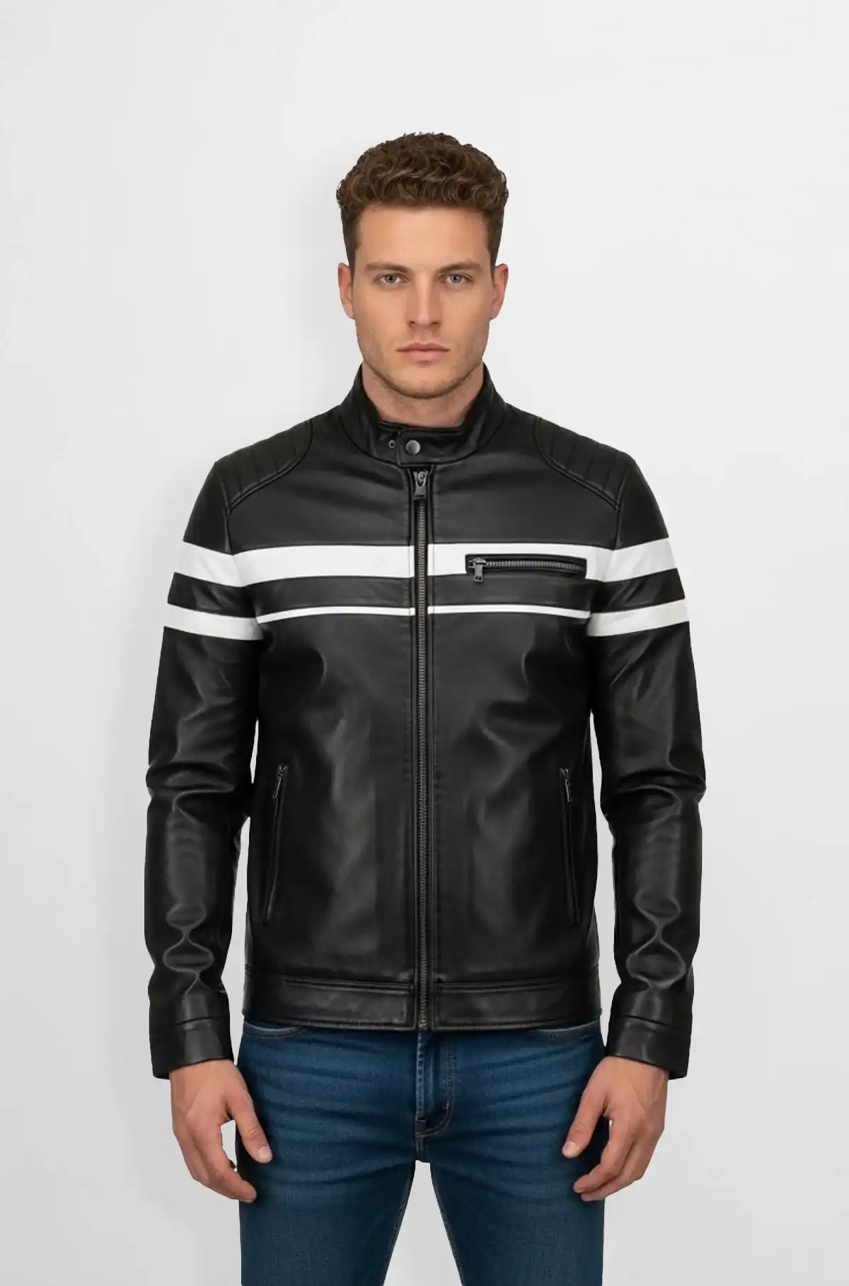 Jet Black White Stripes Leather Biker Jacket Jet Black White Stripes Leather Biker Jacket