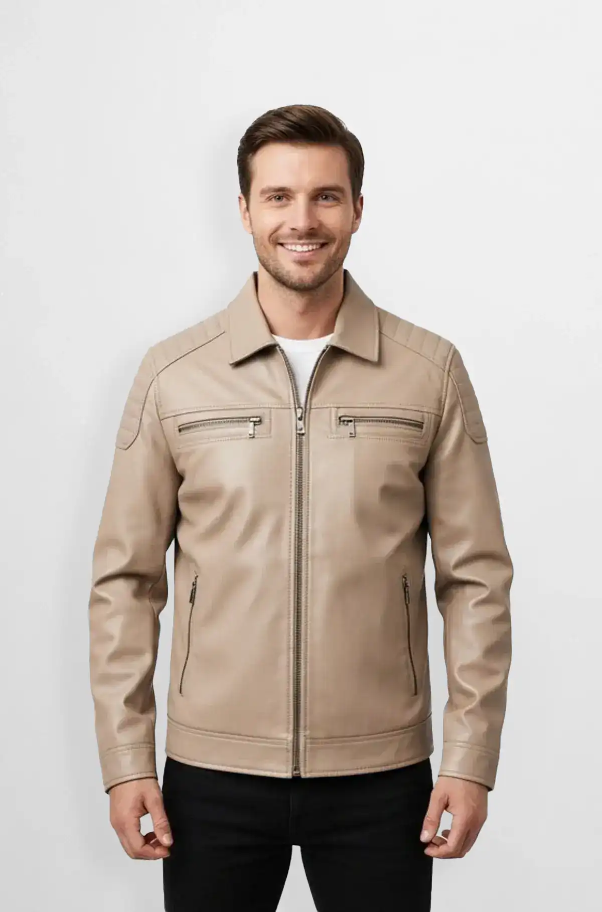 Light Beige Premium Leather Bomber Jacket