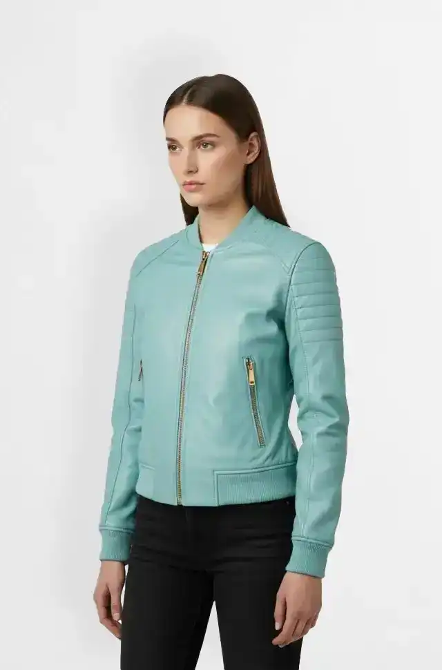 Light Blue Leather Bomber Jacket