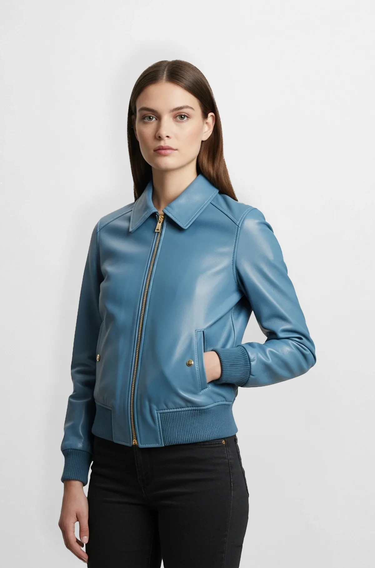Light Blue Leather Bomber Jacket with Gold Zipper