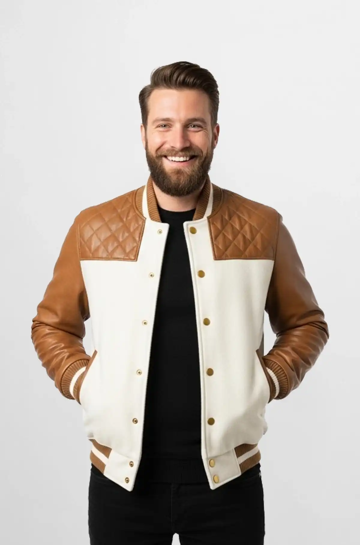 Light Brown Quilted Suede Leather Varsity Jacket