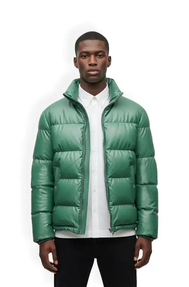 Light Green Leather Puffer Jacket for Men