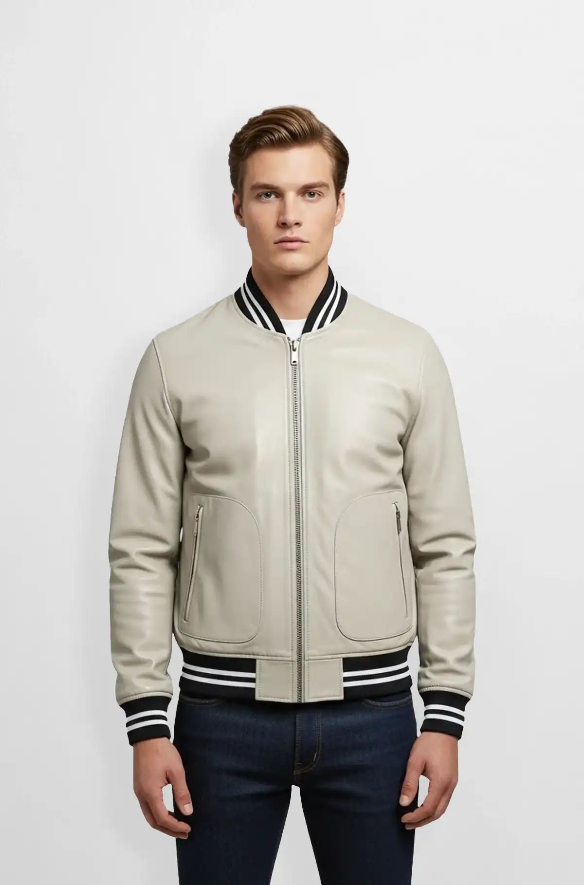 Light Grey Varsity Bomber Leather Jacket 