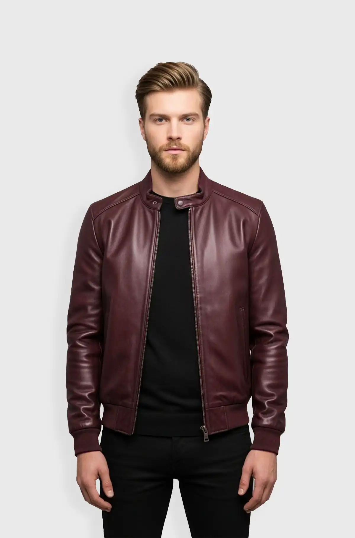 Lux Style Mens Burgundy Leather Bomber Jacket