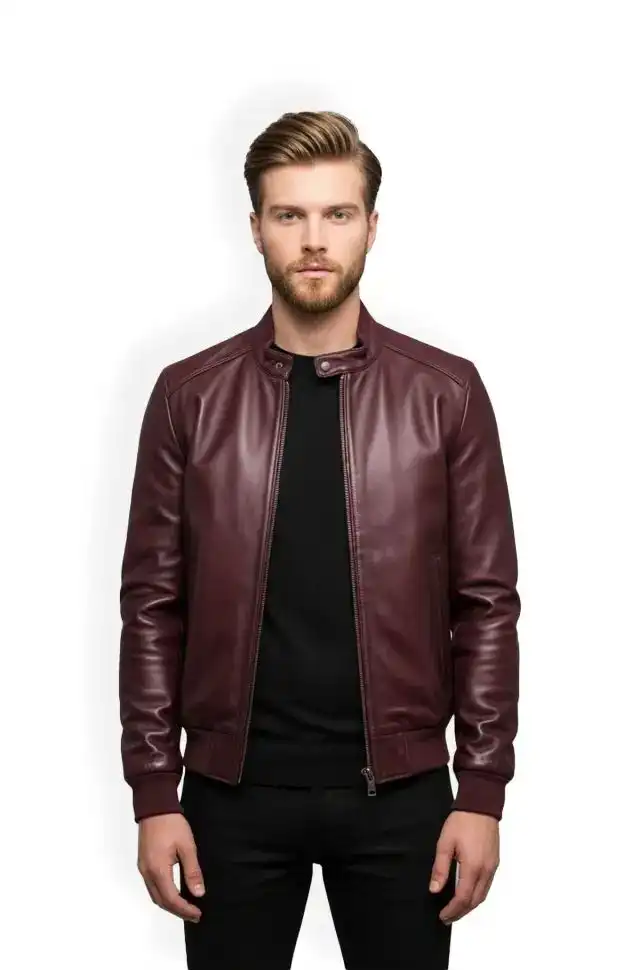 Lux Style Mens Burgundy Leather Bomber Jacket