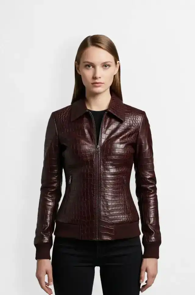 Luxe Maroon Croco Bomber Leather Jacket
