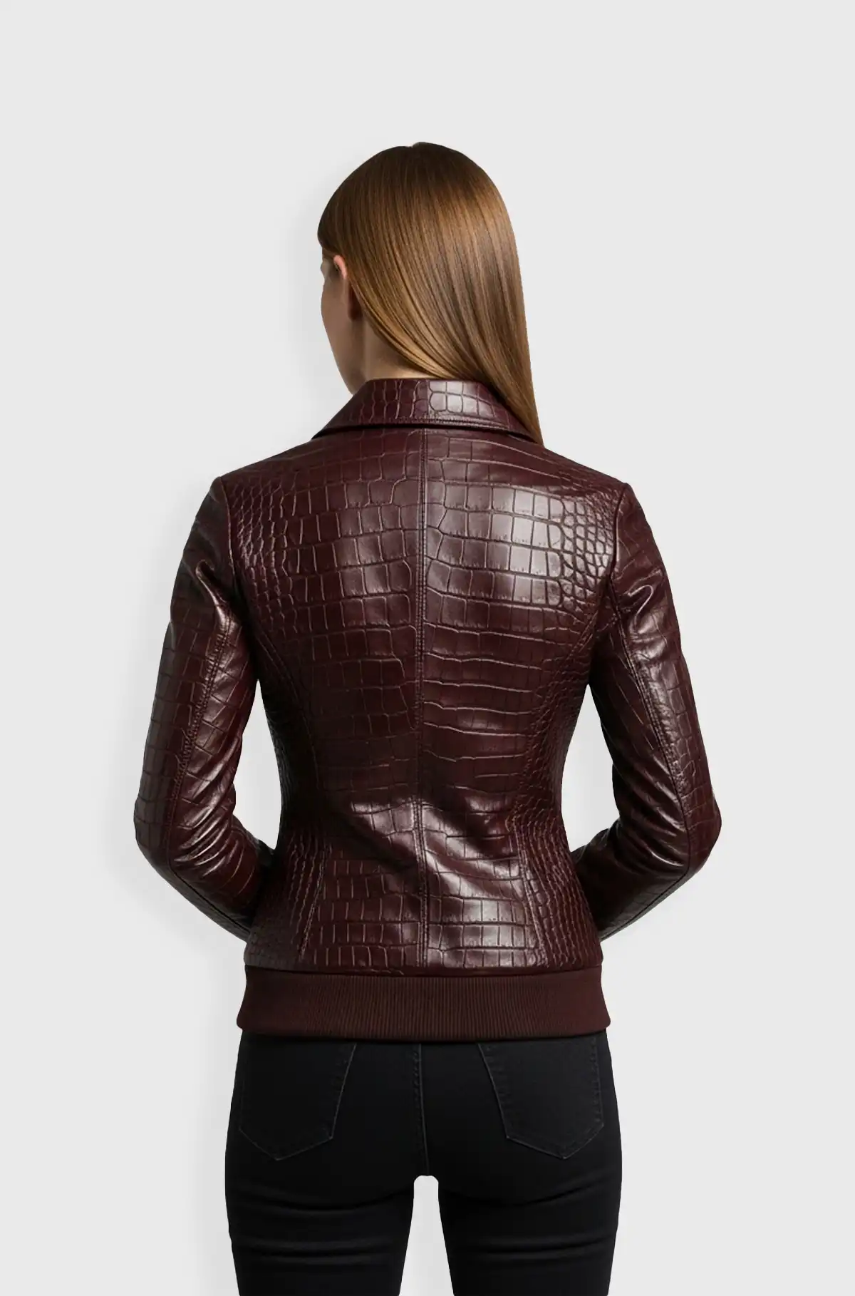 Luxe Maroon Croco Bomber Leather Jacket