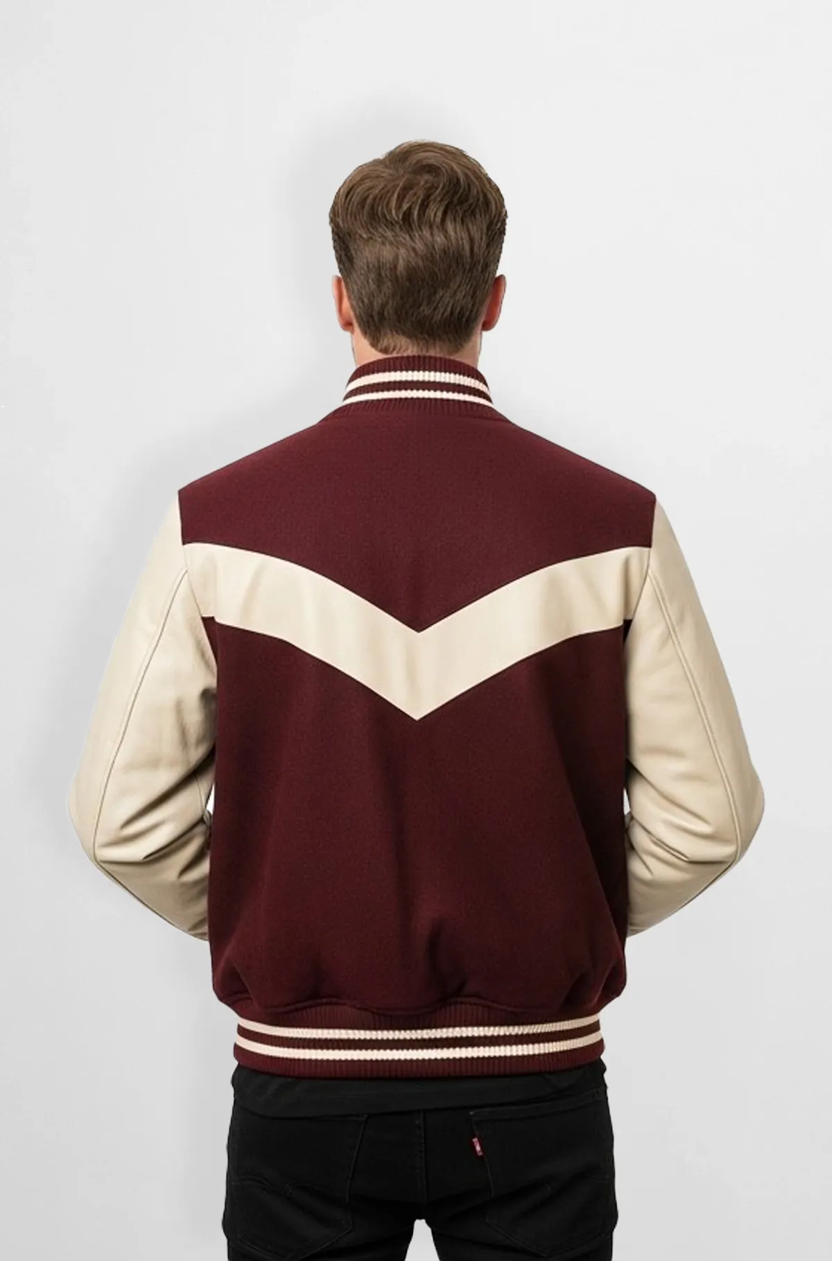 Maroon And Cream Varsity Leather Bomber Jacket