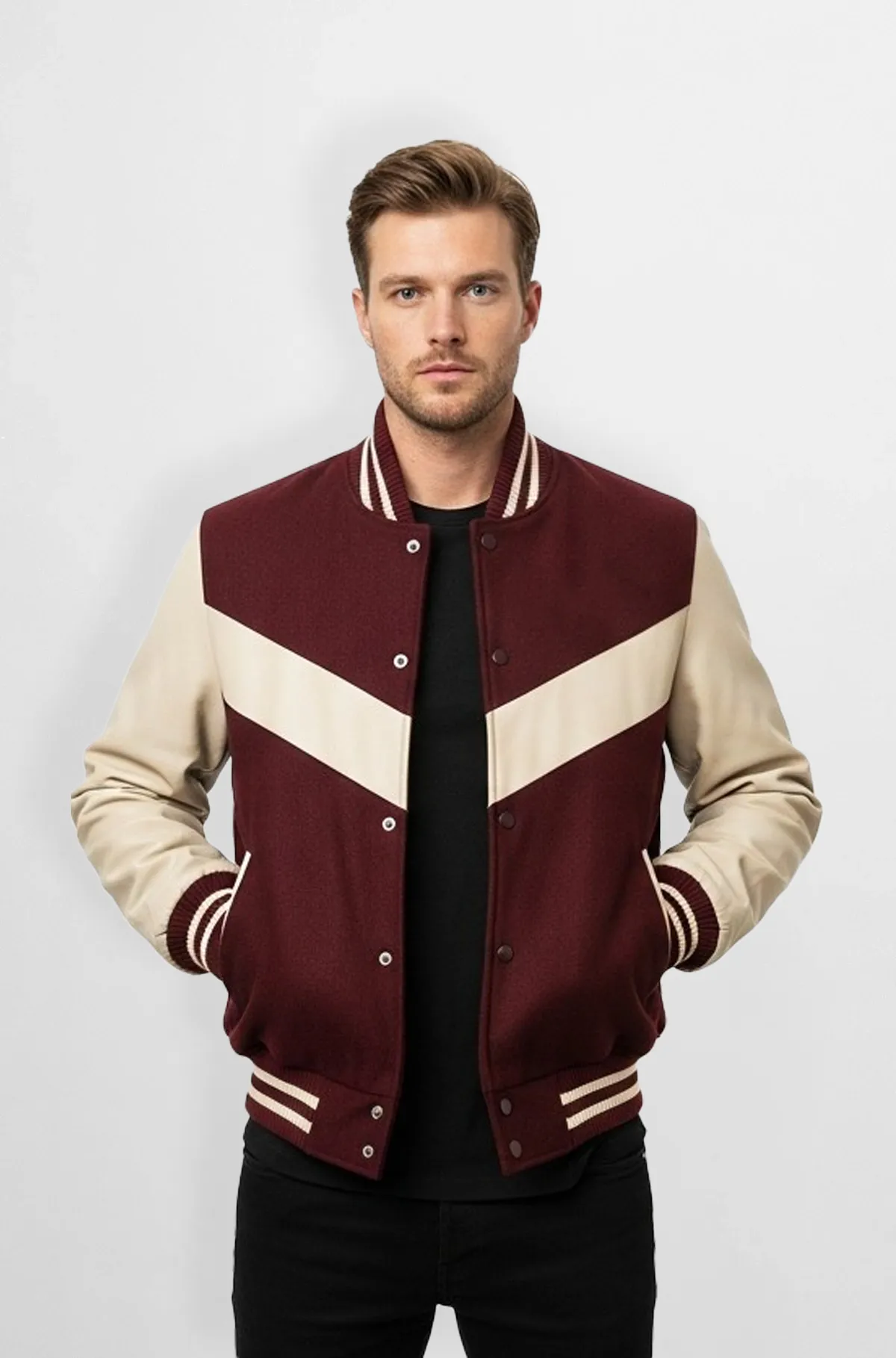 Maroon And Cream Varsity Leather Bomber Jacket