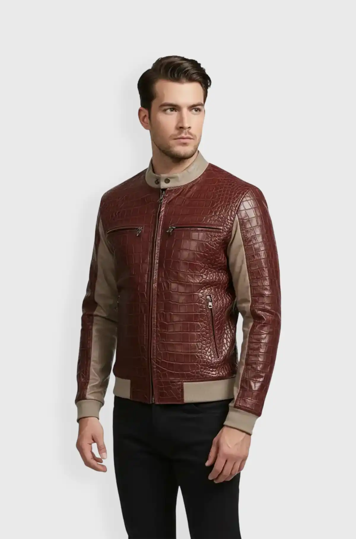 Maroon Crocodile Leather Bomber Jacket
