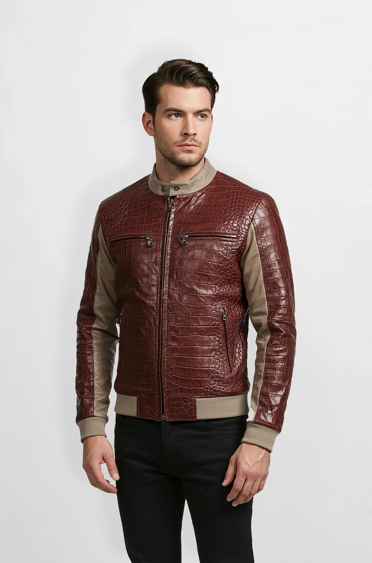Maroon Crocodile Leather Bomber Jacket