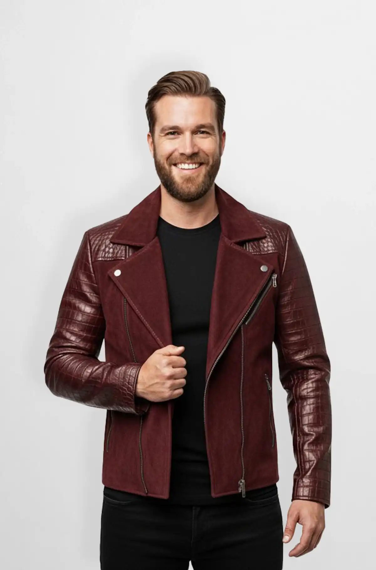 Maroon Suede Leather Croc Texture Jacket