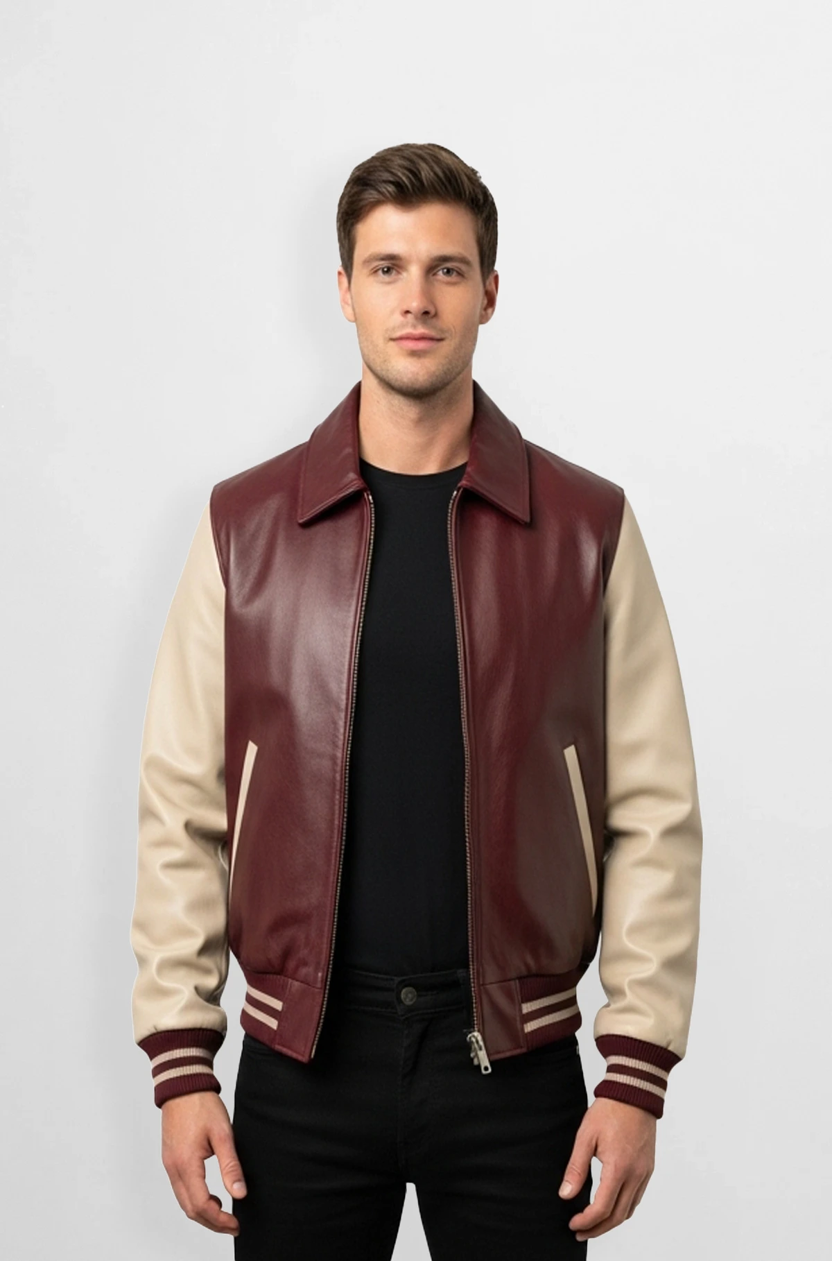 Maroon and Beige Leather Varsity Jacket for Men