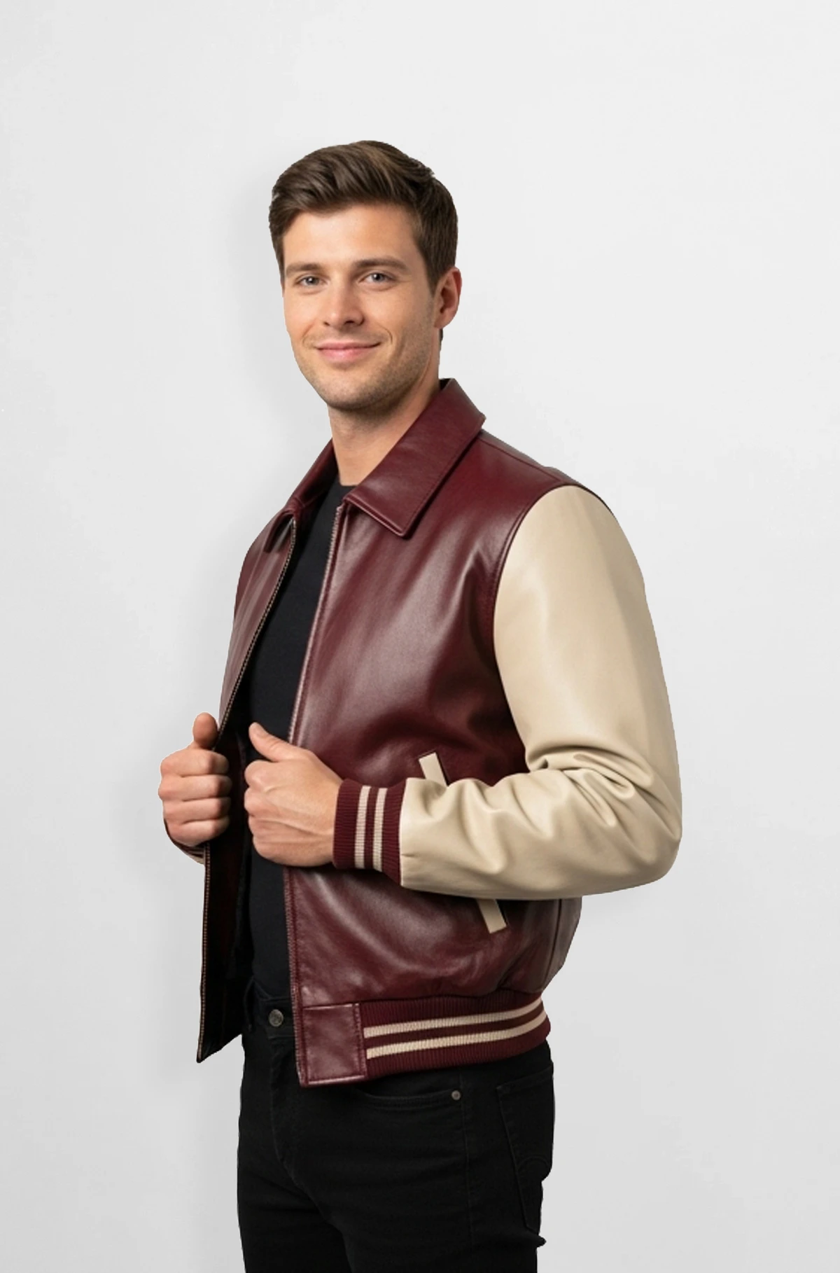 Maroon and Beige Leather Varsity Jacket for Men