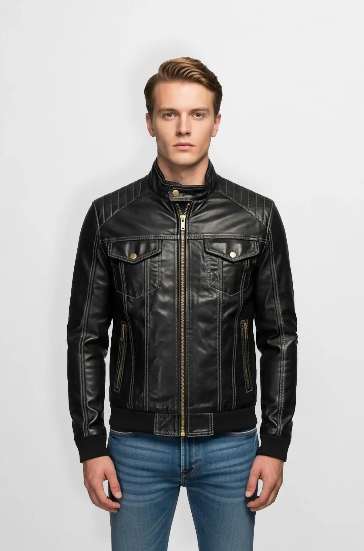 Matte Black Leather Bomber Jacket