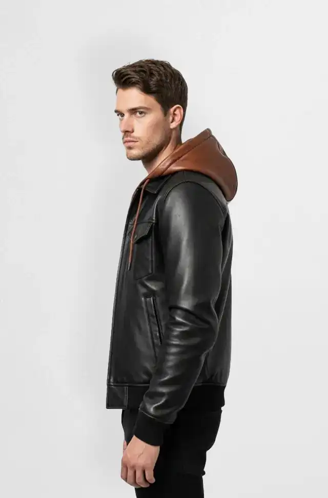 Matte Black Leather Jacket with Brown Hood for Men
