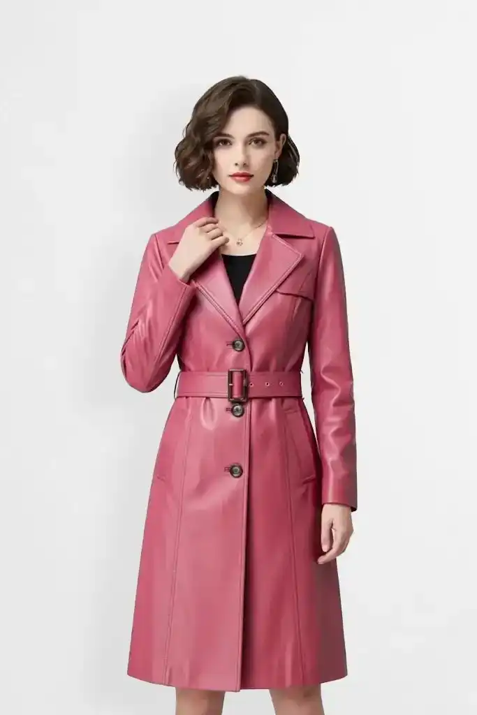 Mauve Pink Leather Trench Coat