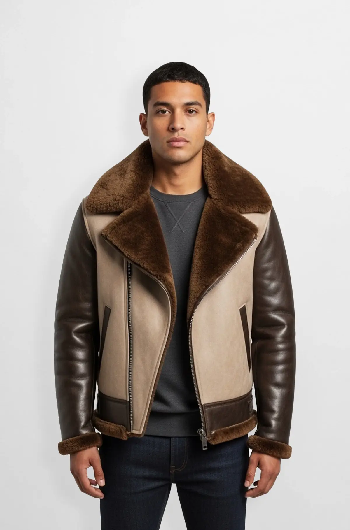 Mens Beige And Chocolate Brown Shearling Leather Jacket