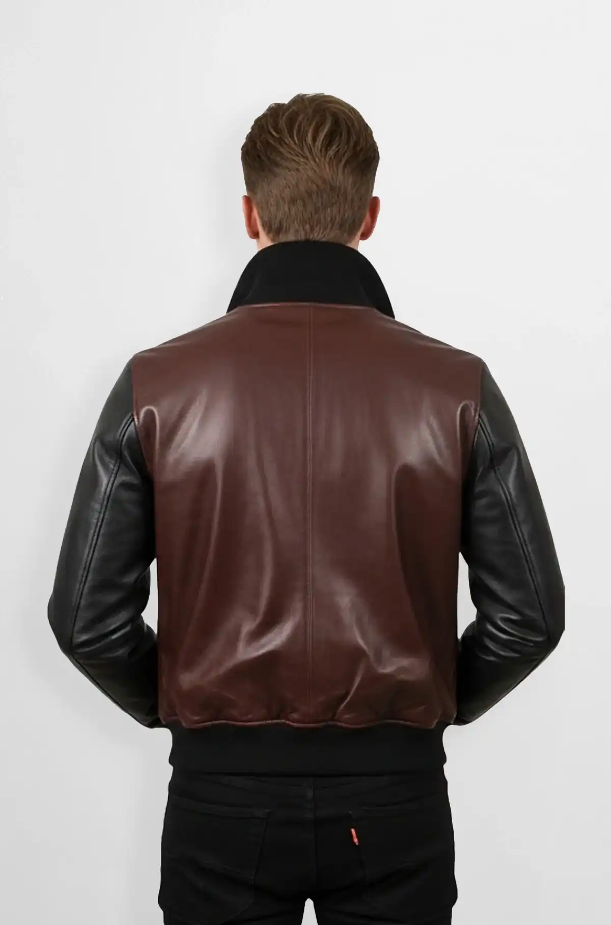 Mens Brown And Black Leather Bomber Jacket