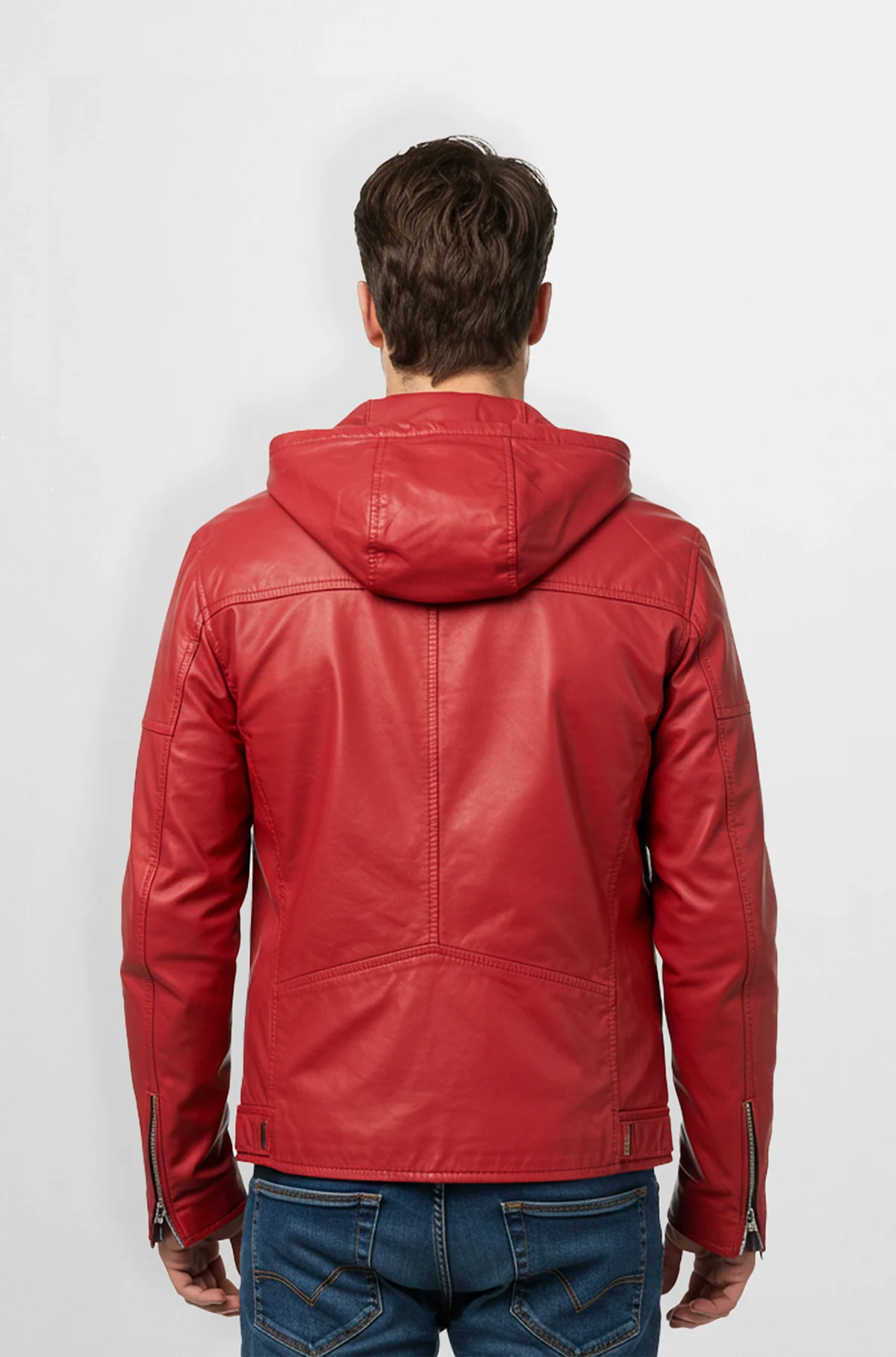 Mens Crimson Red Leather Hooded Jacket