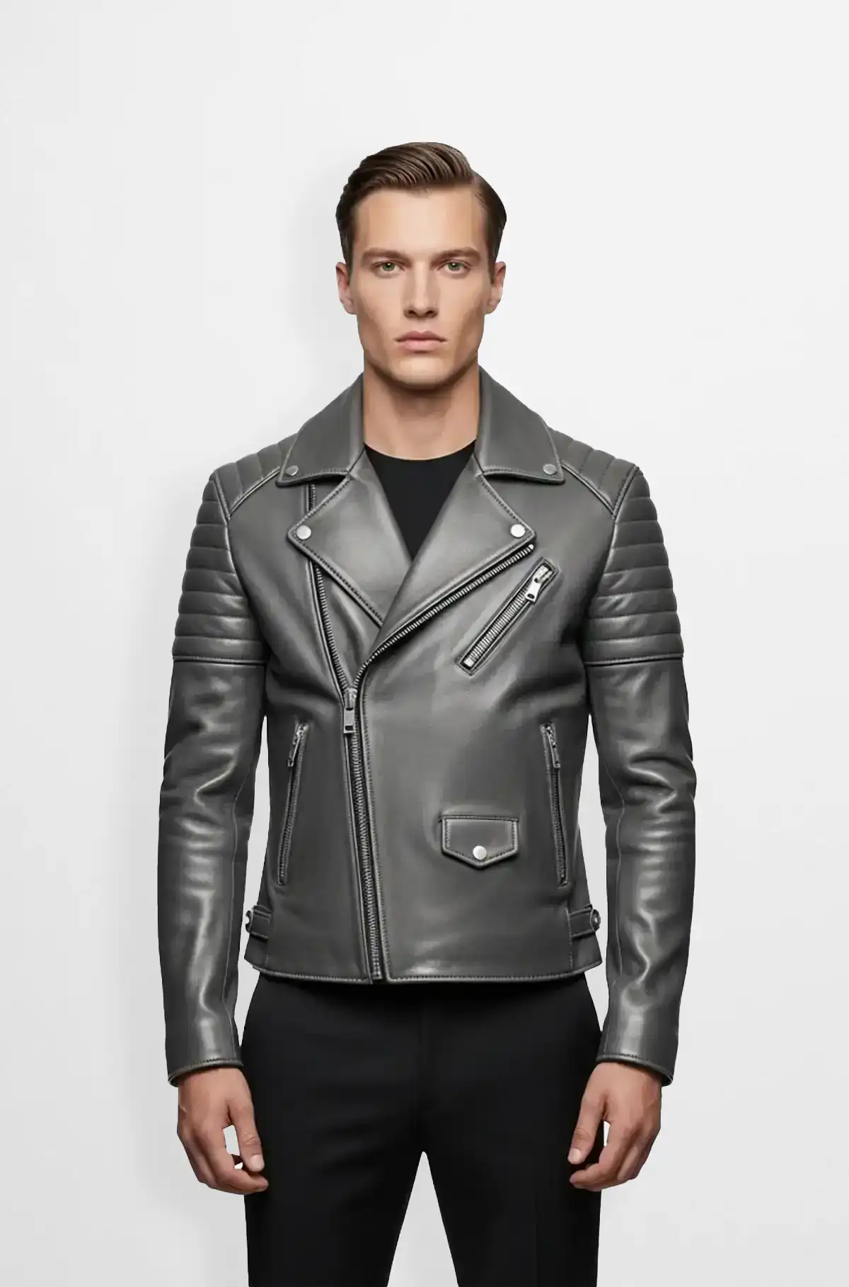 Mens Gunmetal Quilted Biker Jacket