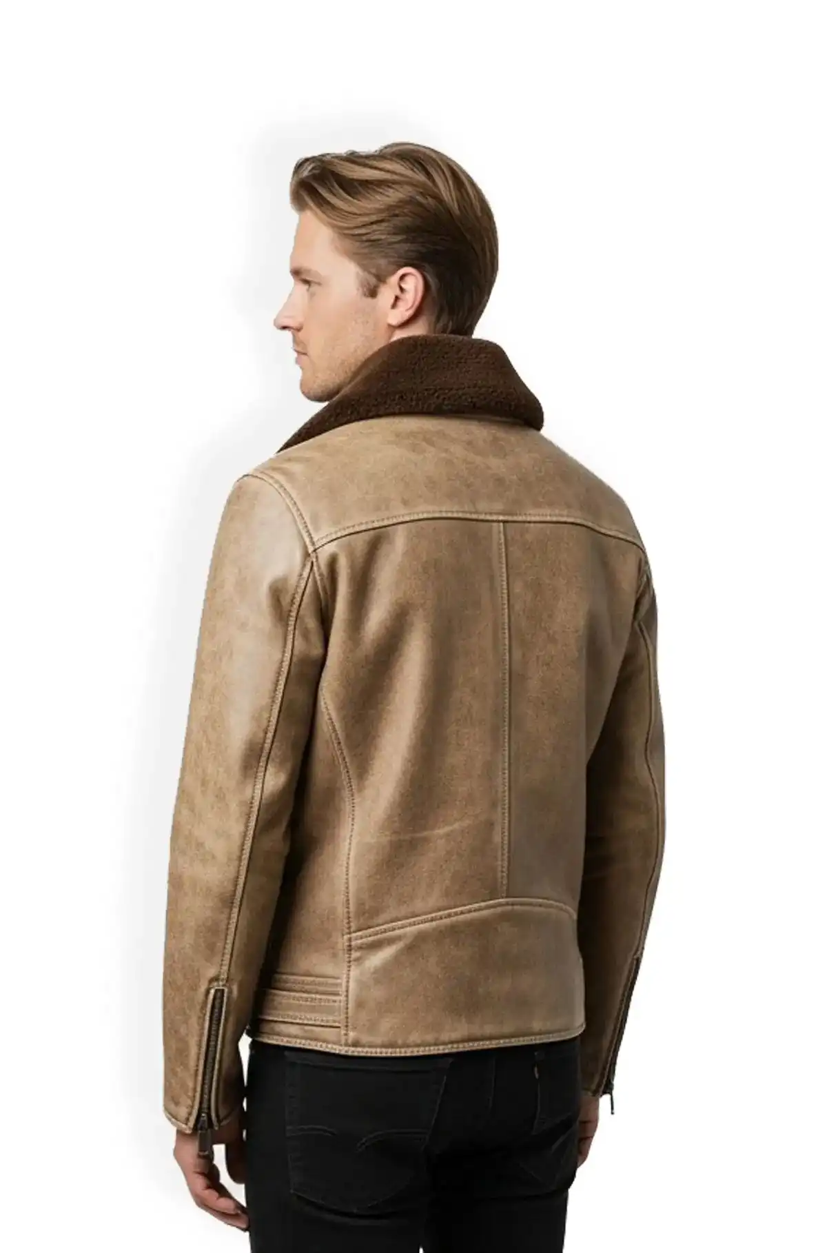 Mens Light Brown Shearling Collar Leather Jacket