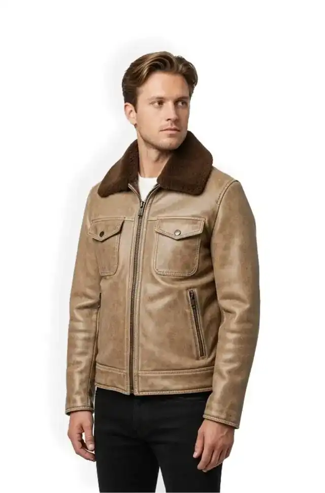 Mens Light Brown Shearling Collar Leather Jacket