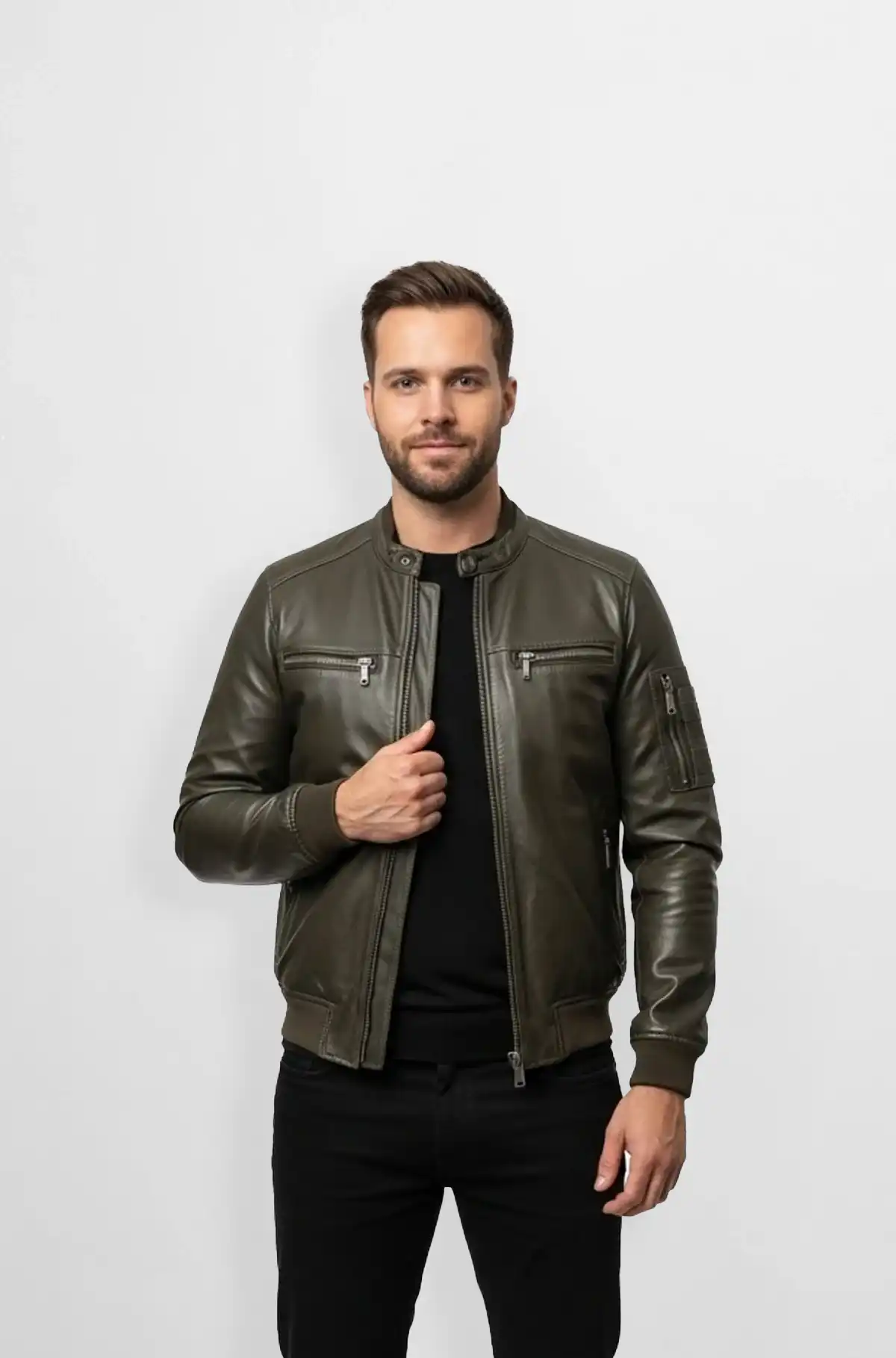 Mens Olive Green Bomber Leather Jacket