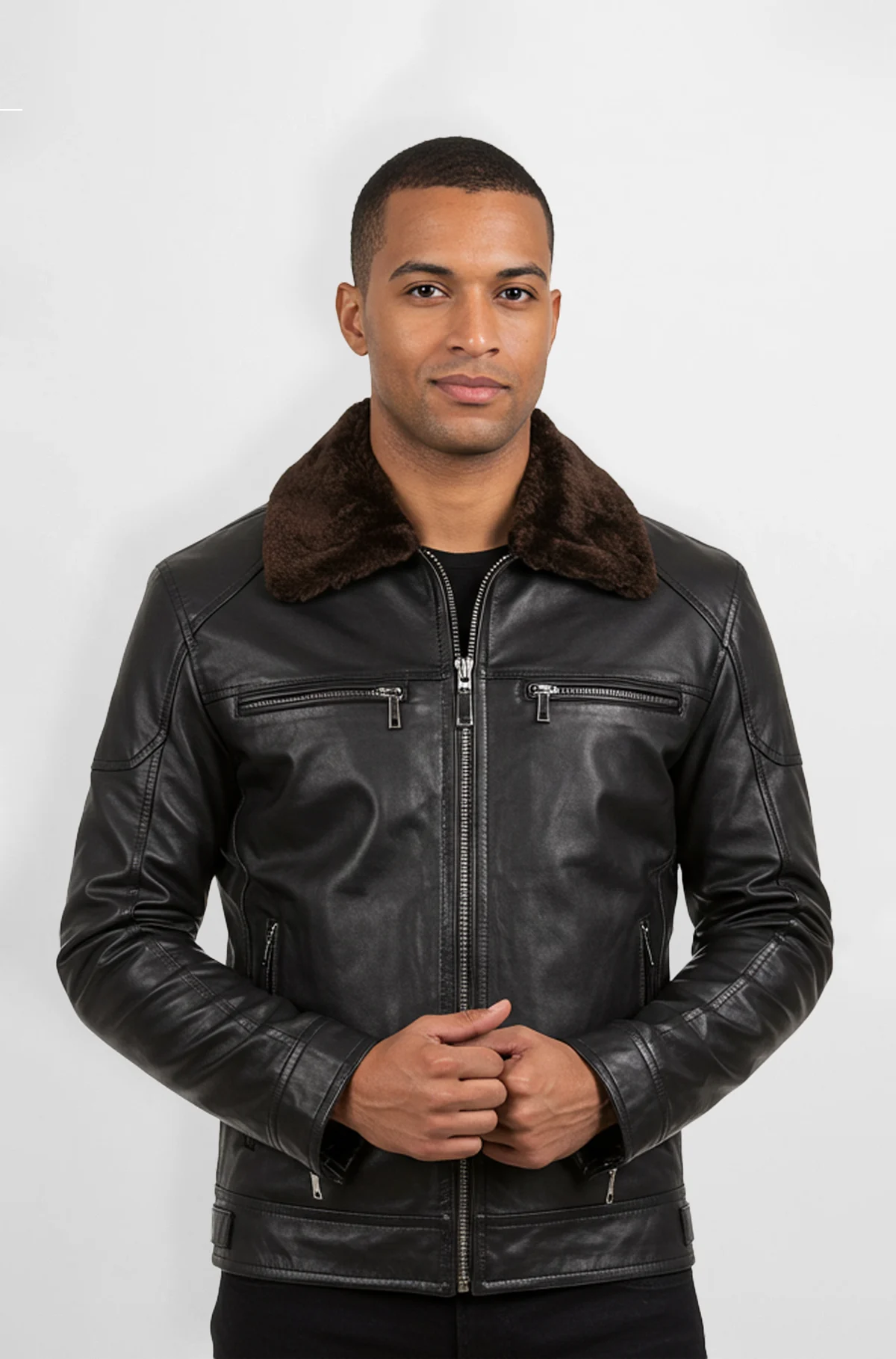 Mens Premium Black Leather Jacket with Brown Fur Collar