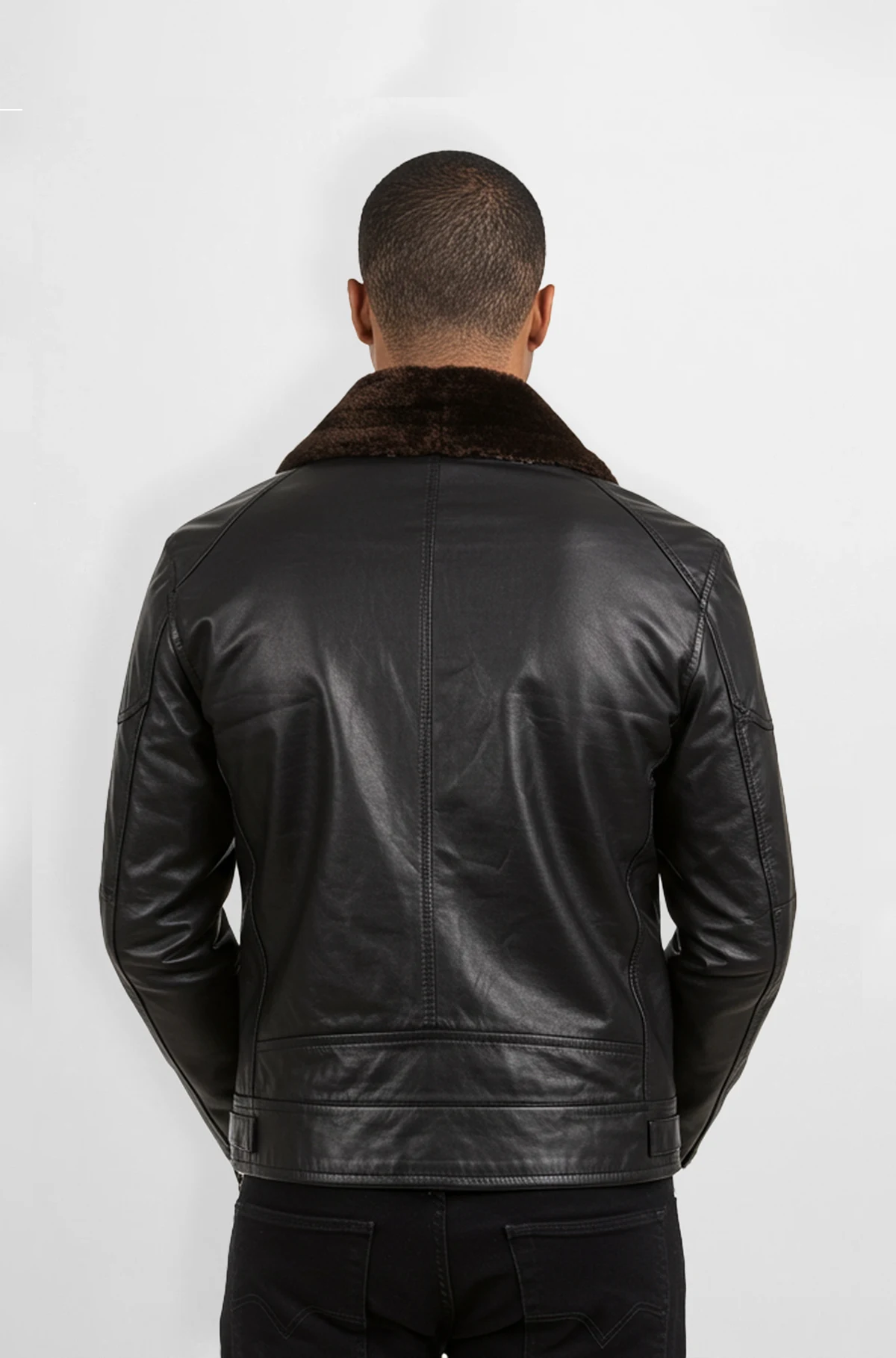 Mens Premium Black Leather Jacket with Brown Fur Collar