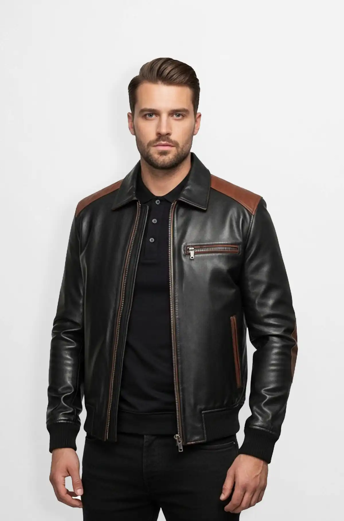 Mens Premium Black and Brown Leather Bomber Jacket Mens Premium Black and Brown Leather Bomber Jacket
