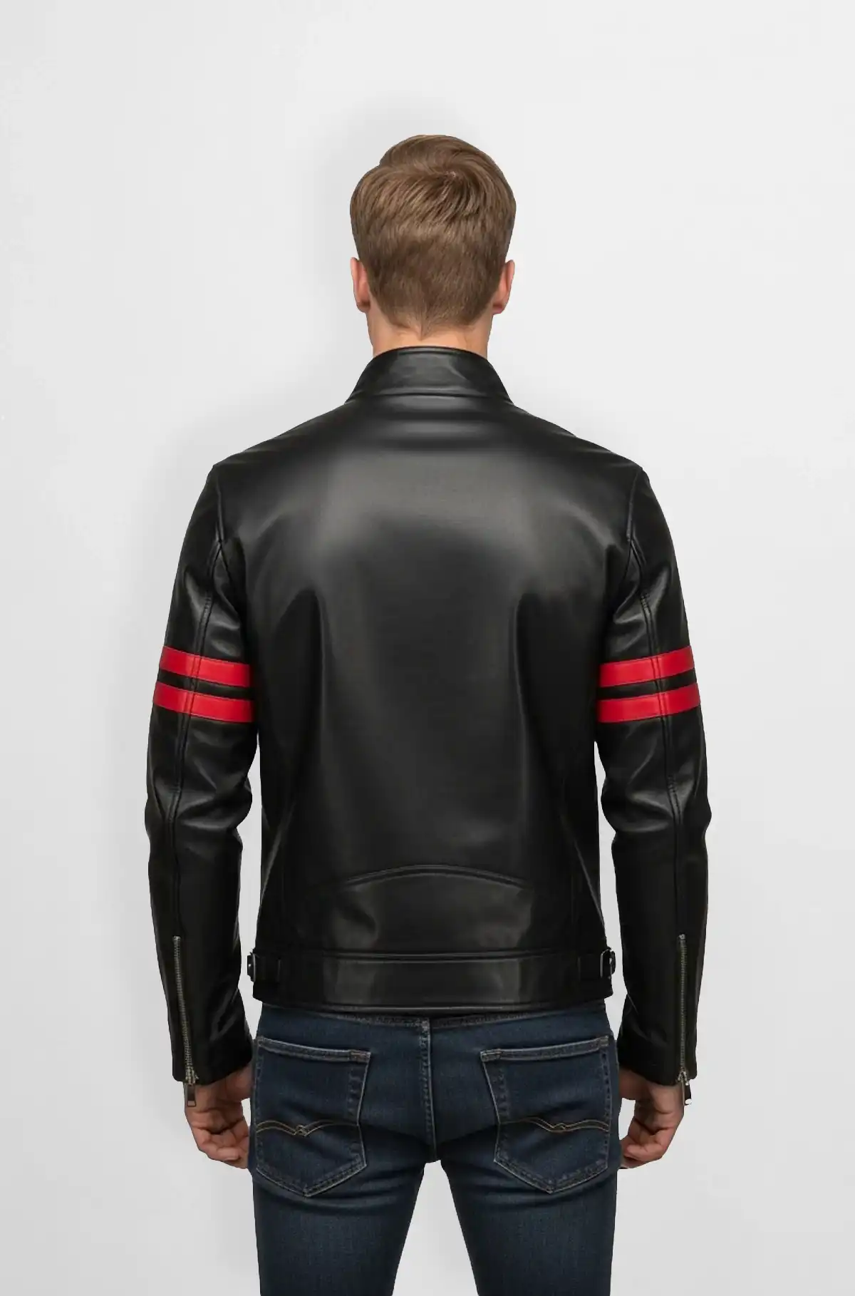 Mens Red stripe Black Leather Racer Jacket Mens Red stripe Black Leather Racer Jacket