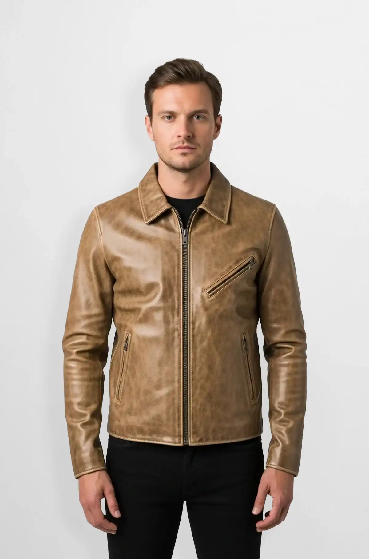 Men’s Saddle Brown Leather Biker Jacket