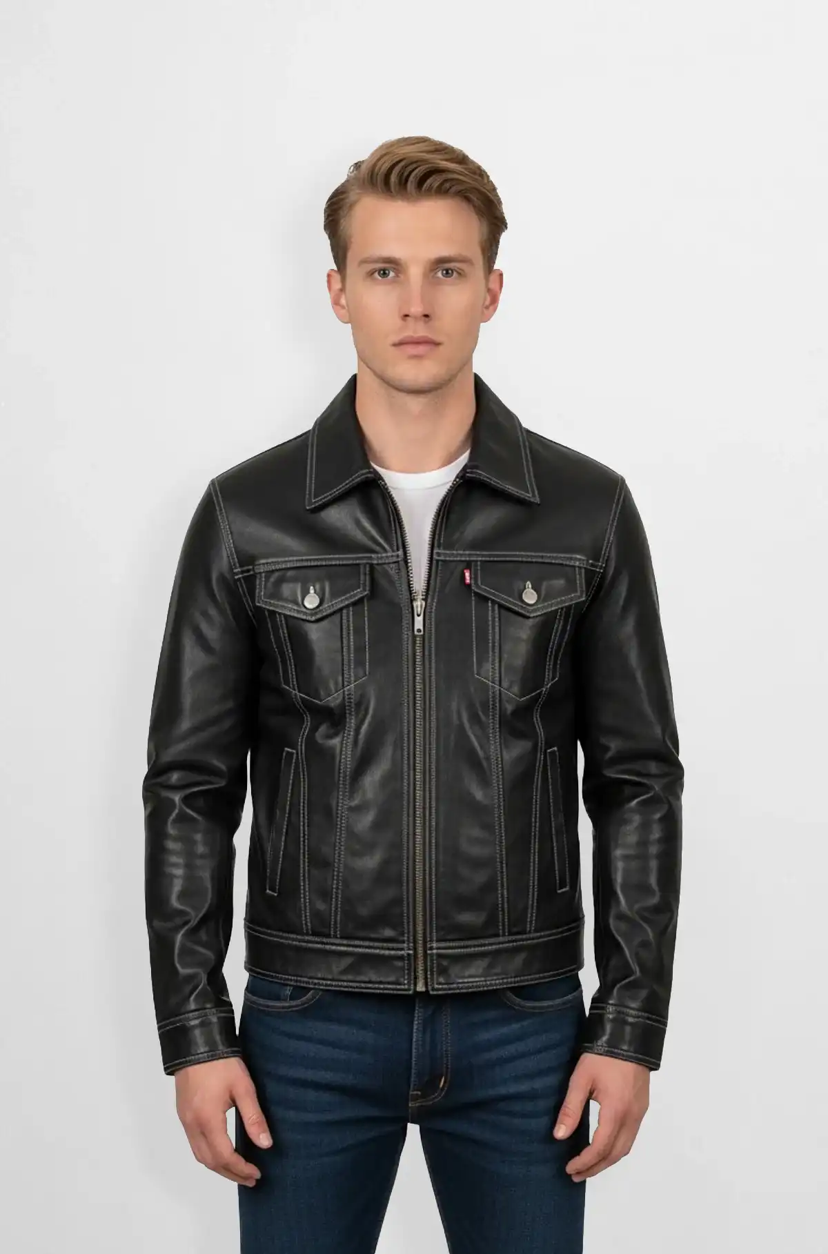 Mens Stitched Black Leather Bomber Jacket